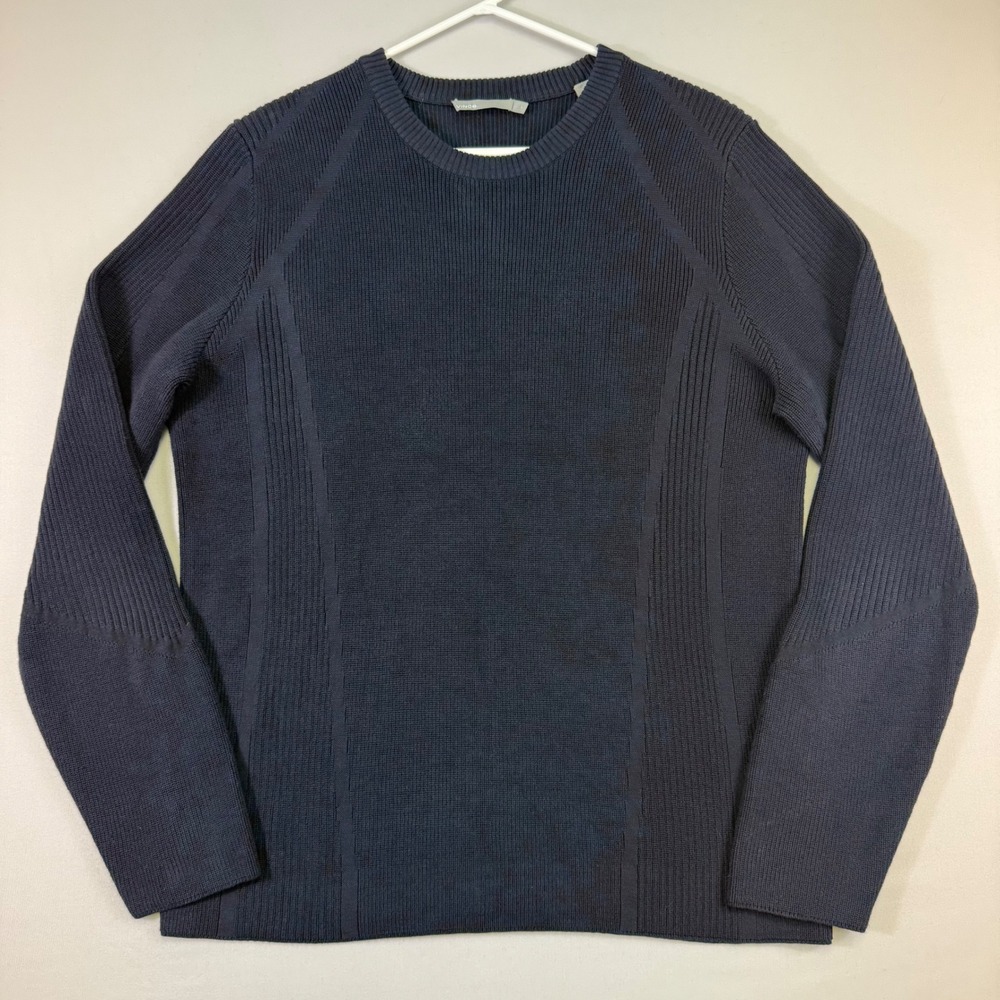 Vince Sweater Mens Large Navy Blue Ribbed Knit Crewneck Pullover Luxury Preppy